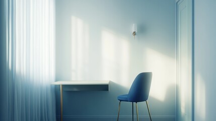 Modern minimalist interior room with desk and chair, sunlit