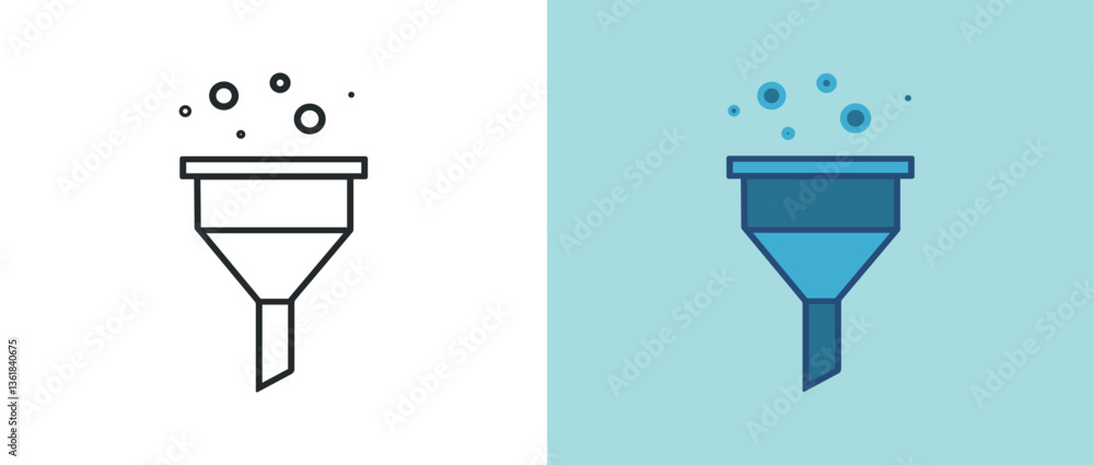 Poster funnel icon with color gradient and bubbles, vector design for sorting and filtration processes vect