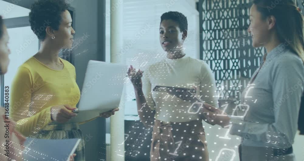 Poster discussing data processing, diverse business team with digital binary code animation