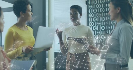 Discussing data processing, diverse business team with digital binary code animation - Powered by Adobe