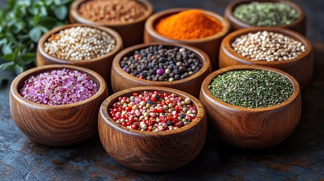 a collection of twelve wooden bowls filled with various dried spices seeds herbs,powders including cumin flaxseeds pink peppercorns hemp seeds,herbal blends for culinary,medicinal - Powered by Adobe