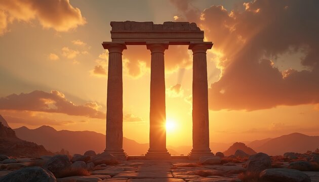 Three ancient pillars against a vibrant sunset sky. Pillars stand on stone path, against mountainous landscape. Sunset radiates warm golden light. Architecture, history, travel concept.
