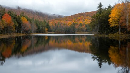 Fototapeta premium A calm lake mirrors the vivid colors of autumn trees, surrounded by misty mountains, offering a peaceful, picturesque scene.