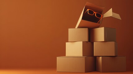 Obraz premium Stacked Cardboard Boxes with Sunglasses; Package Delivery; Orange Background; 3D Rendering; Stock Image