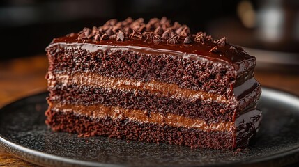 a decadent slice of devil s food cake featuring moist rich chocolate layers a glossy dark chocolate glaze,a smooth chocolate filling perfect for indulgent dessert lovers