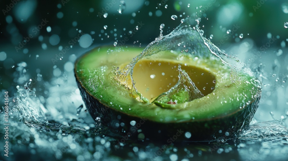 Poster close-up view of a halved avocado with water splashing around it, set against a dark green backgroun