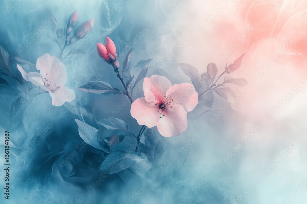 Poster colorful blossoms surrounded by soft mist in a serene garden setting during springtime