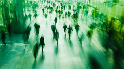 Fototapeta premium Blurry green tinted image of many people walking in a public space with motion blur effect applied