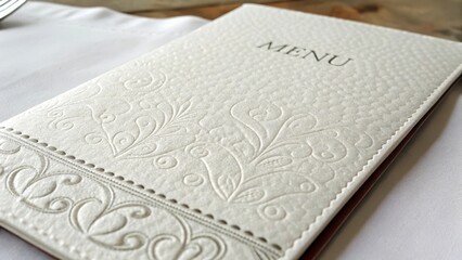 Fototapeta premium Elegant restaurant menu with intricate design on a textured cover.