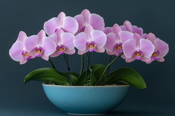 Obraz premium Orchids in a blue bowl create a vibrant display with intricate petals and lush green leaves in a tranquil indoor setting