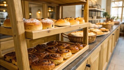 Freshly baked pastries displayed in a wooden bakery setting.