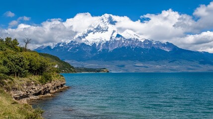 Obraz premium Majestic mountain rises above serene lake under cloudy blue sky in a tranquil landscape
