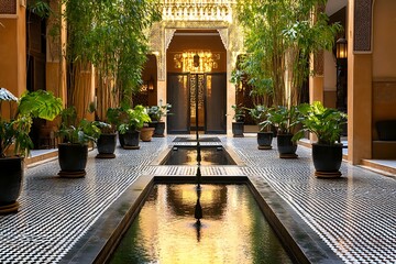 Fototapeta premium Courtyard with water feature, plants, and architectural details bathed in warm light