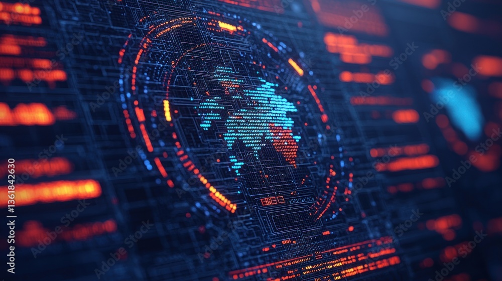 Poster Abstract digital world map with circuit board design glowing in blue and red colors for network and technology concepts
