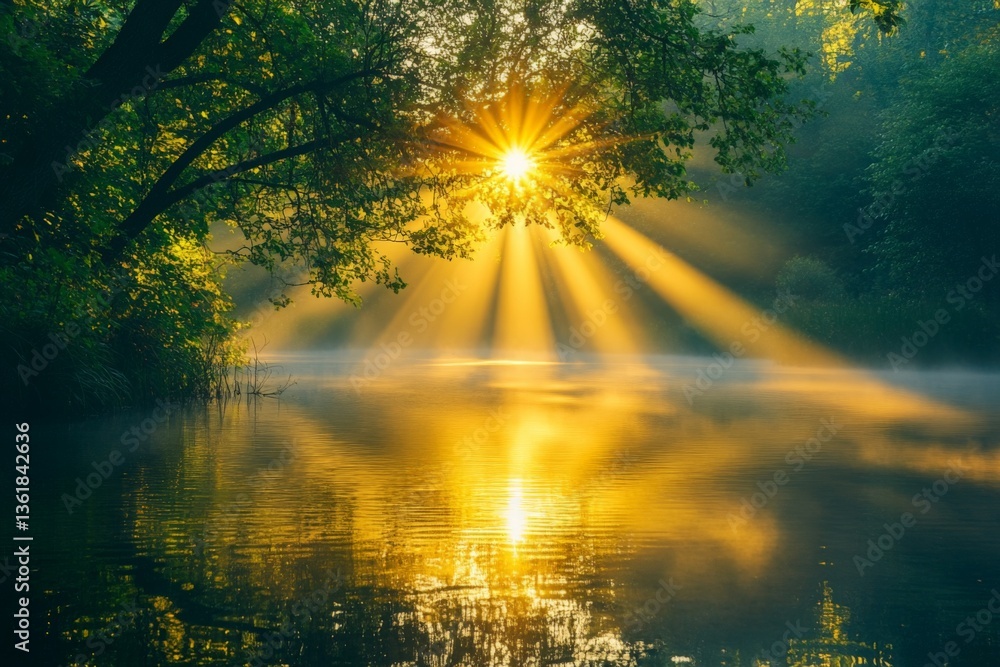 Poster Sunlight beams through trees over a calm river at dawn in a tranquil nature setting