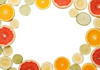 A minimalistic layout of mixed citrus fruits—lemon, lime, orange, and grapefruit—sliced into rounds, carefully arranged in a pattern, with a transparent background