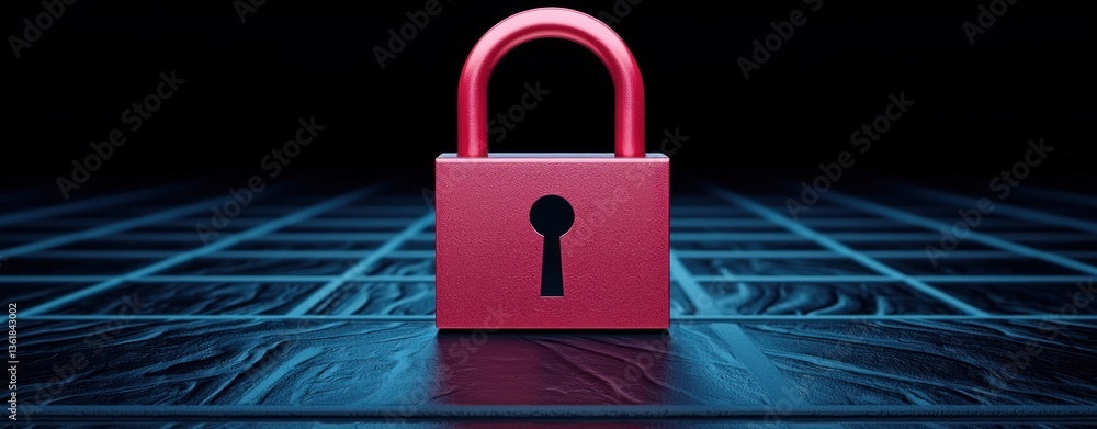Poster Secure Red Padlock on Dark Blue Grid Background Digital Security Concept
