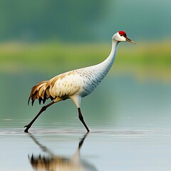 Fototapeta premium Sandhill Crane wading with wetland.