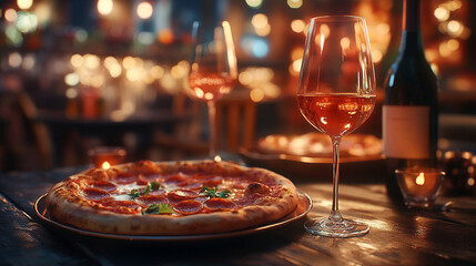 A pepperoni pizza and wine glasses on a table in a dimly lit restaurant with soft lighting effects