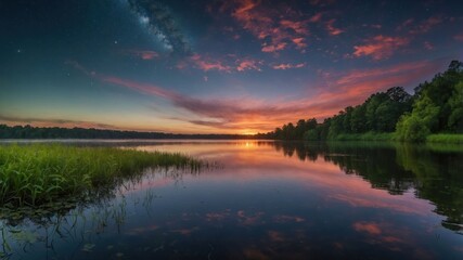 Fototapeta premium A serene sunset over a calm lake, reflecting vibrant colors and surrounded by lush greenery.