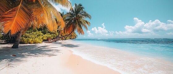 A scenic panoramic view of an ocean beach with palms