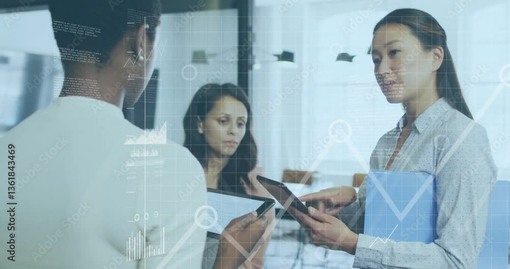 Poster Discussing data analytics, business professionals using tablets with graphs in office