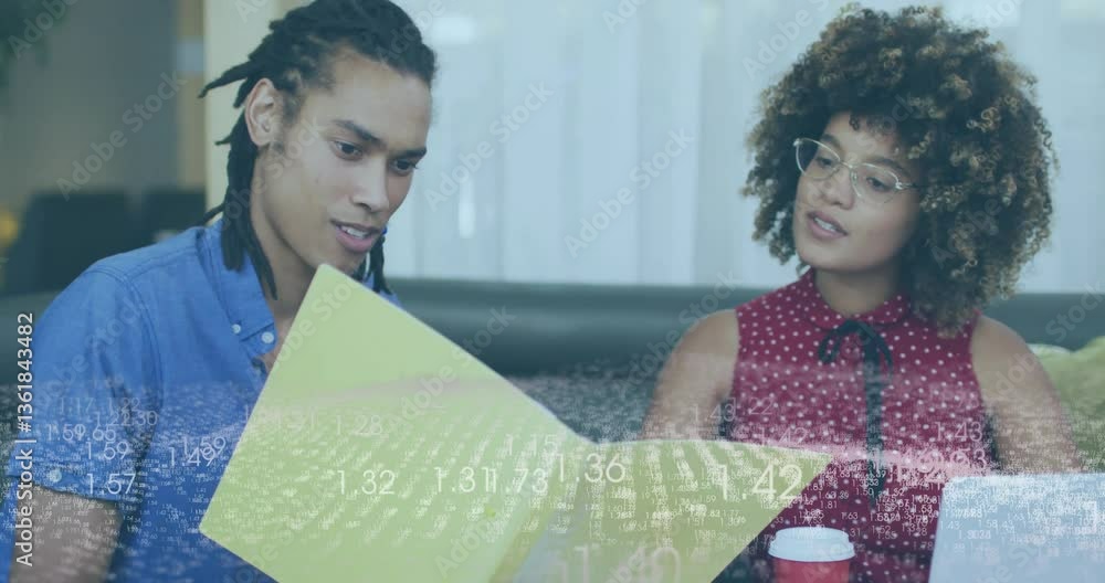 Poster discussing documents, two people with data processing animation overlay in office