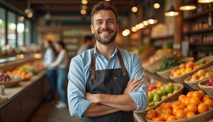 Happy shopkeeper stands in grocery store with crossed arms. Smiling employee wearing apron at fruit market. Portrait young man in supermarket. Owner ready help customers. Fresh healthy food, eco