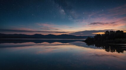 A serene lakeside view at dusk, showcasing the stars and mountains reflected in the calm water.