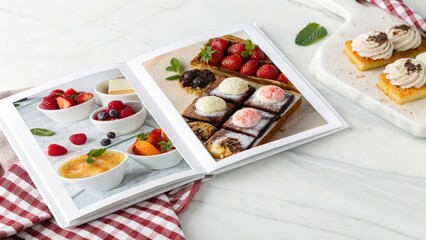Delicious desserts beautifully arranged in a recipe book and on a plate.