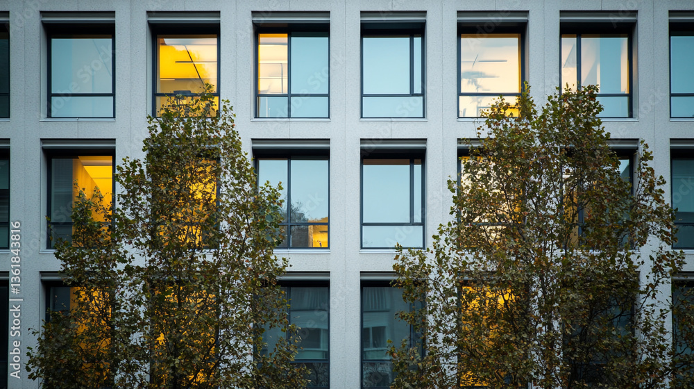 Aufkleber exterior of a modern building with many windows and trees in front reflecting the sunlight inside