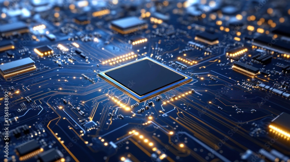 Aufkleber High tech Central Processing Unit on a Circuit Board with glowing components Detailed view of modern technology
