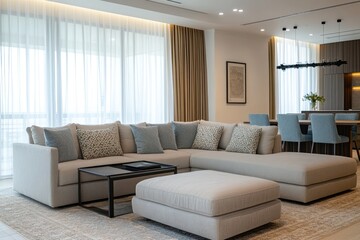 Fototapeta premium Modern apartment living room, sectional sofa, city view, dining area