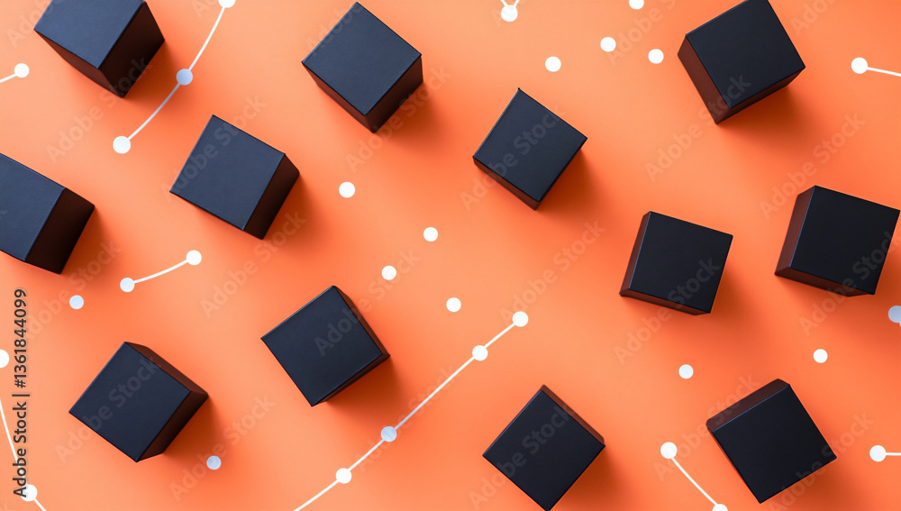 Poster black cubes in the shape of paper boats, on an orange background with white dotted lines and dots co