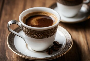 Fototapeta premium Authentic Turkish coffee in a traditional cup on wooden table – rich aroma and foam
