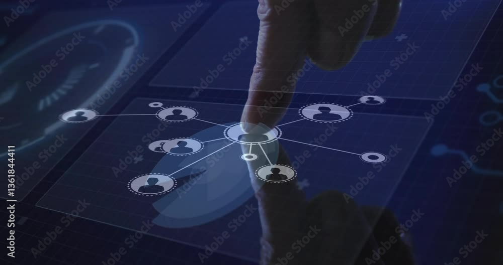 Poster finger interacting with animation of digital network interface displaying user icons
