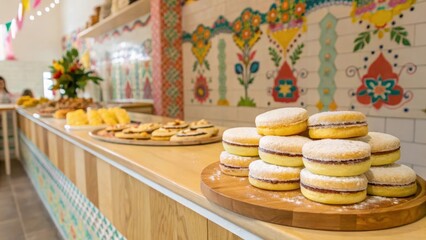 Naklejka premium Sweet pastries displayed on a vibrant, colorful counter in a bakery.
