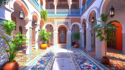 Obraz premium Vibrant Moroccan courtyard with intricate tiles and lush greenery in sunlight