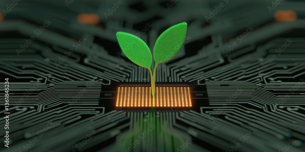 Poster green technology a sprout emerging from a microchip represents sustainable innovation and eco friend
