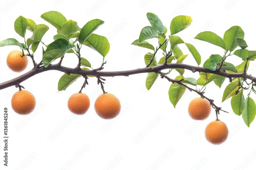 Poster Fresh orange fruits hanging from a tree branch against a light background in a botanical setting