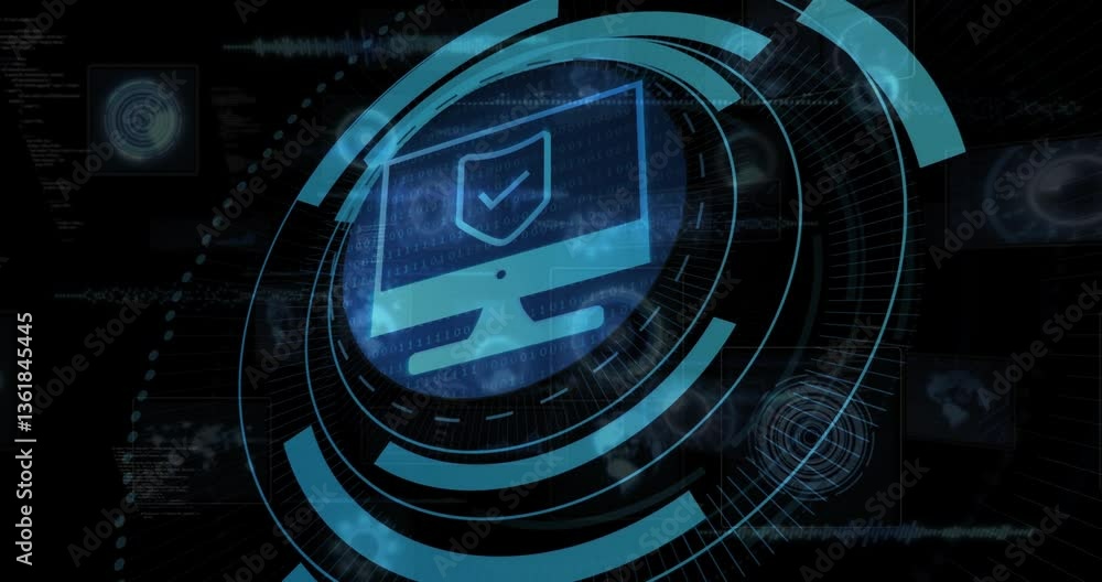 Poster digital security shield animation over computer screen with binary code background
