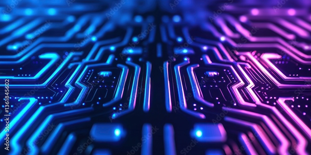 Poster Abstract Circuit Board Technology Background Neon Glowing Lines Digital Network Pattern