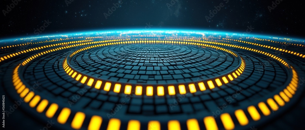 Poster Futuristic Circular Platform with Glowing Lights in Space Abstract Technology Background