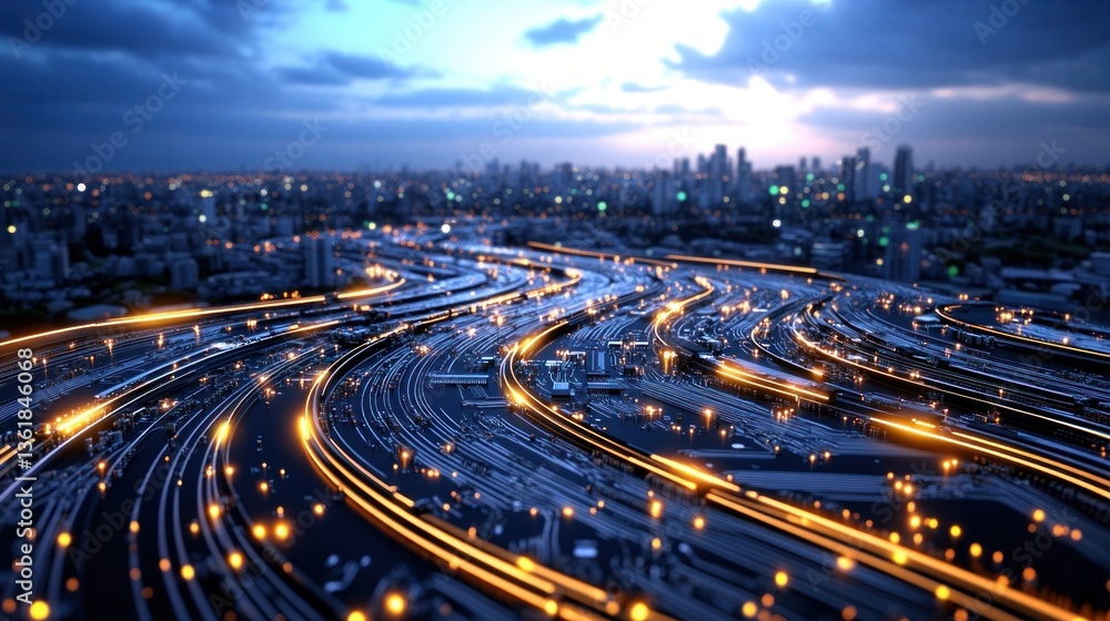 Poster Futuristic Cityscape with Glowing Circuit Board Pattern Abstract Technology Background