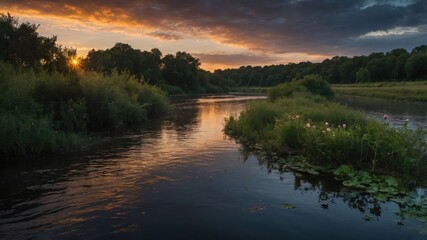A serene river landscape at sunset, showcasing lush greenery and calm waters.