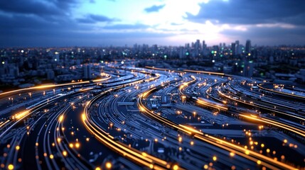 Fototapeta premium Futuristic Cityscape with Glowing Circuit Board Pattern Abstract Technology Background
