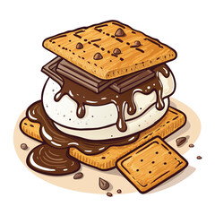 Create a bold, vector illustration of a s'mores cookie, emphasizing melted marshmallow and chocolate.  Include graham cracker texture.