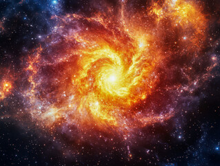 A bright yellow star is surrounded by a red and orange swirl of gas