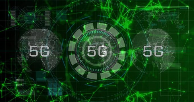 Digital globe with network connections showing 5G technology and green animation