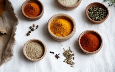 Assortment of colorful spices in small wooden bowls on a white linen background.  Aromatic herbs and peppercorns are scattered nearby